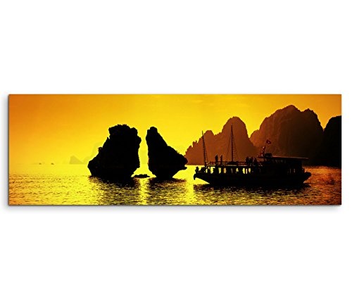 150x50cm Leinwandbild auf Keilrahmen Vietnam Halong Bay Felsen Segelboot Abendlicht Wandbild auf Leinwand als Panorama