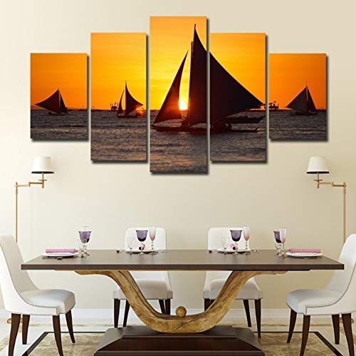 Wandkunst Leinwandbilder 5 Stücke Segelboot Auf Dem Meer Sonnenuntergang Seascape Gemälde Modulare Hd Drucke Poster Rahmen Decor Home Room-40X60/80/100Cm,Bordered