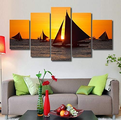 Wandkunst Leinwandbilder 5 Stücke Segelboot Auf Dem Meer Sonnenuntergang Seascape Gemälde Modulare Hd Drucke Poster Rahmen Decor Home Room-40X60/80/100Cm,Bordered