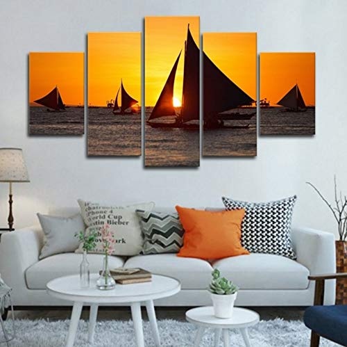 Wandkunst Leinwandbilder 5 Stücke Segelboot Auf Dem Meer Sonnenuntergang Seascape Gemälde Modulare Hd Drucke Poster Rahmen Decor Home Room-40X60/80/100Cm,Bordered