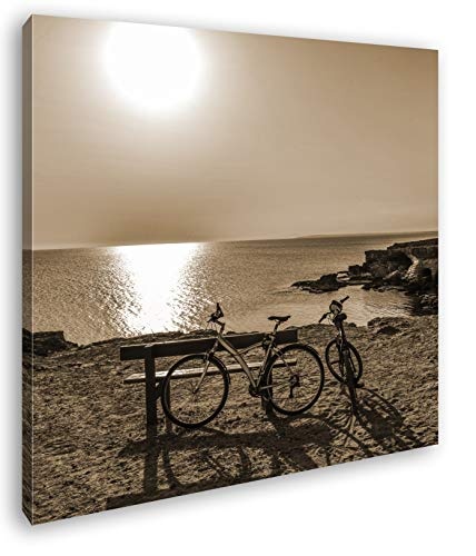 Fahrrad Tour an der Küste Format: 70x70 Effekt: Sepia als Leinwandbild, Motiv fertig gerahmt auf Echtholzrahmen, Hochwertiger Digitaldruck mit Rahmen, Kein Poster oder Plakat