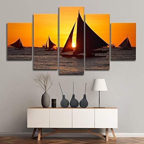 WLHDM Wandkunst Leinwandbilder 5 Stücke Segelboot Auf Dem Meer Sonnenuntergang Seascape Gemälde HD Drucke Poster Decor Home Room Ohne Rahmen