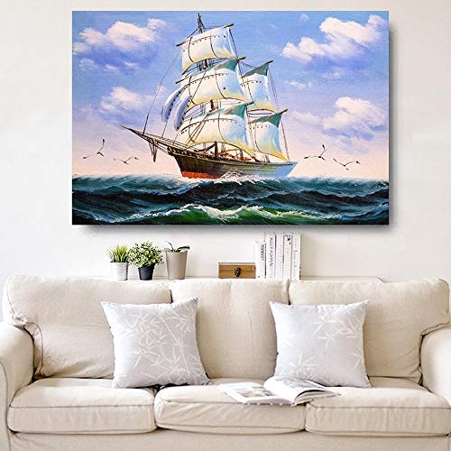 wydlb Große Größe Segelboot Leinwand, Moderne Wandkunst Bilder Für Wohnzimmer Schiff Seelandschaft HD Malerei Wohnkultur Poster 70x105 cm kein Rahmen