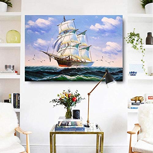 wydlb Große Größe Segelboot Leinwand, Moderne Wandkunst Bilder Für Wohnzimmer Schiff Seelandschaft HD Malerei Wohnkultur Poster 70x105 cm kein Rahmen