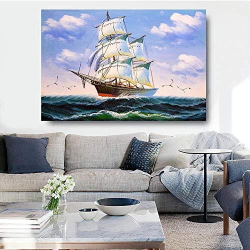 wydlb Große Größe Segelboot Leinwand, Moderne Wandkunst Bilder Für Wohnzimmer Schiff Seelandschaft HD Malerei Wohnkultur Poster 70x105 cm kein Rahmen