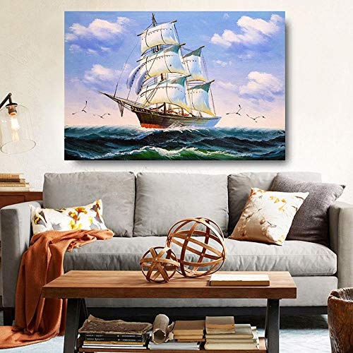 wydlb Große Größe Segelboot Leinwand, Moderne Wandkunst Bilder Für Wohnzimmer Schiff Seelandschaft HD Malerei Wohnkultur Poster 70x105 cm kein Rahmen