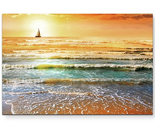 Fotografie - Meerblick mit Segelboot bei Sonnenuntergang - Leinwandbild 120x80cm