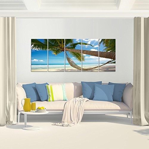Bilder Strand Palmen Wandbild 200 x 80 cm Vlies - Leinwand Bild XXL Format Wandbilder Wohnzimmer Wohnung Deko Kunstdrucke Blau 5 Teilig - MADE IN GERMANY - Fertig zum Aufhängen 603655a