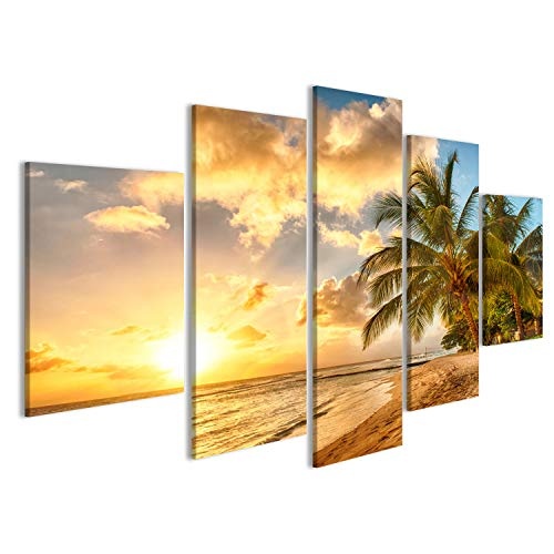islandburner Bild Bilder auf Leinwand Schöner Sonnenuntergang über dem Meer mit Blick auf Palmen am weißen Strand auf Wandbild Leinwandbild Poster DHB