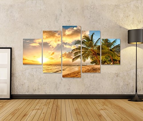 islandburner Bild Bilder auf Leinwand Schöner Sonnenuntergang über dem Meer mit Blick auf Palmen am weißen Strand auf Wandbild Leinwandbild Poster DHB