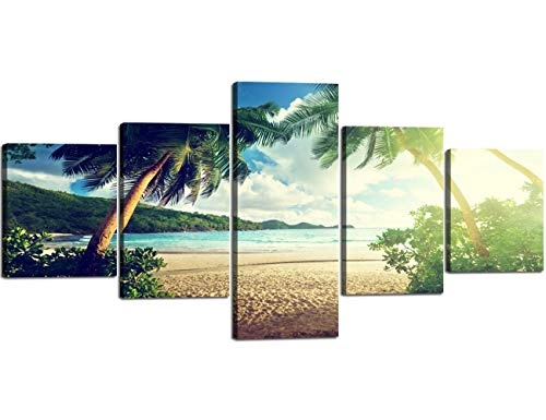 Alvyu Leinwandbilder,Schöne 5 Stück Blue Island Beach Poster und Drucke Palme Landschaft Leinwand Malerei Moderne Wandkunst Bild für Wohnzimmer Gestreckt durch Holzrahmen