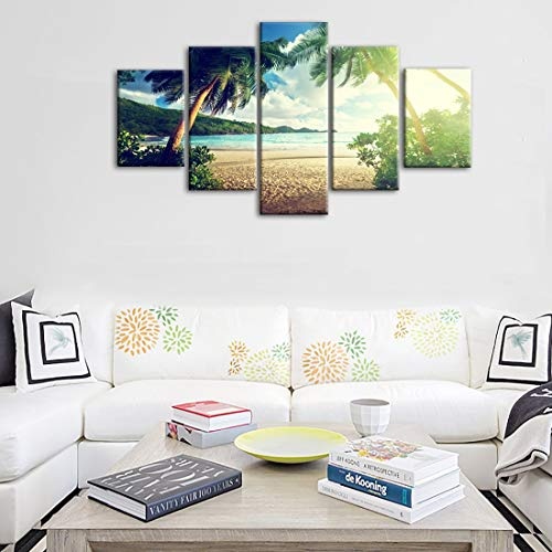 Alvyu Leinwandbilder,Schöne 5 Stück Blue Island Beach Poster und Drucke Palme Landschaft Leinwand Malerei Moderne Wandkunst Bild für Wohnzimmer Gestreckt durch Holzrahmen
