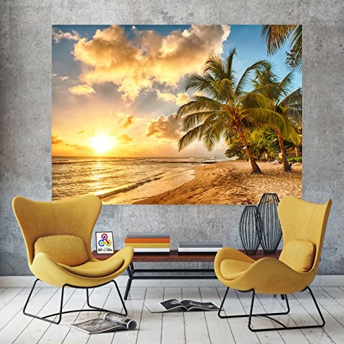 PMP-4life XXL Poster Strand in Barbados bei Sonnenuntergang HD 140cm x 100cm Hochauflösende Wanddekoration Bild für Wandgestaltung Wandbild | Fotoposter Karibik Sonne Sommer Palmen |