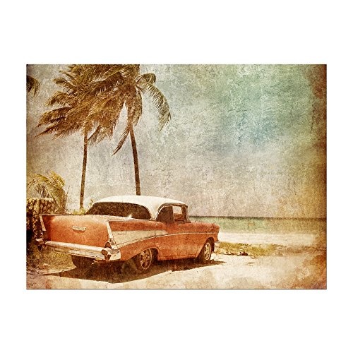 Wandbild - Resort II - Cuba Oldtimer - Bild auf Leinwand - 80x60 cm 1 teilig - Leinwandbilder - Urban & Graphic - Urlaub, Sonne & Meer - Oldtimer unter Palmen - Grunge