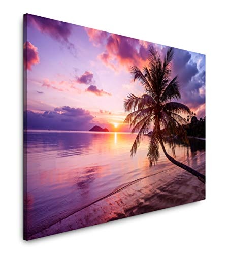 bestforhome 180x120cm Leinwandbild Palme am Strand in den Tropen bei Sonnenuntergang Leinwand auf Holzrahmen