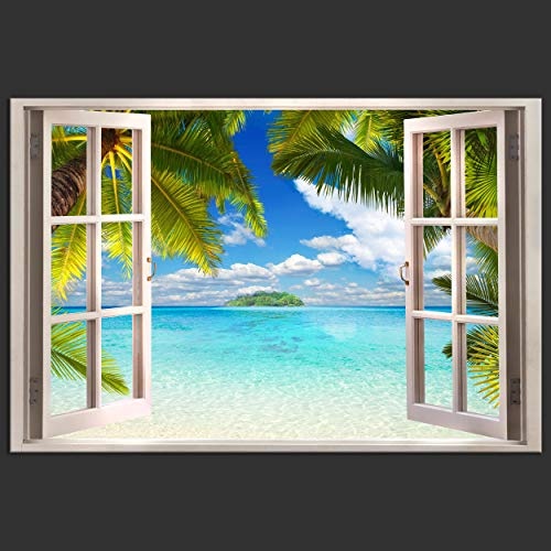 decomonkey | Mega XXXL Bilder Fensterblick Meer | Wandbild Leinwand 160x80 cm Selbstmontage DIY Einteiliger XXL Kunstdruck zum aufhängen | Landschaft Palmen