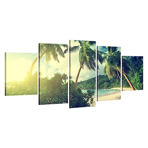 ge Bildet® hochwertiges Leinwandbild XXL - Sonnenuntergang am Strand Takamaka, Mahé - Seychellen - 150 x 70 cm mehrteilig (5 teilig) 1946III