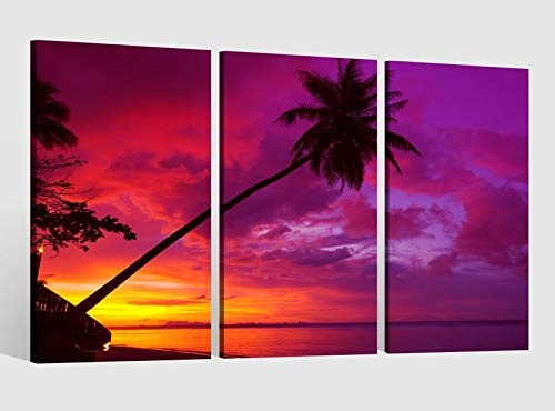 Leinwandbild 3 Tlg Sonnenuntergang pink Palme Meer Bild Bilder Leinwand Leinwandbilder Kunstdruck fertig gerahmt 9AB4178, 3 tlg BxH:120x80cm (3Stk 40x 80cm)