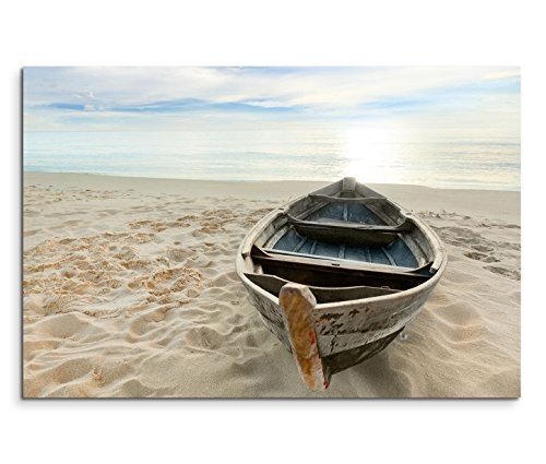 Eau Zone GmbH Kunstdruck auf Leinwand 120x80cm Landschaftsfotografie - Einsames Boot am Sandstrand