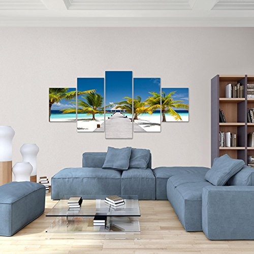 Bilder Strand Palmen Wandbild 200 x 100 cm Vlies - Leinwand Bild XXL Format Wandbilder Wohnzimmer Wohnung Deko Kunstdrucke Blau 5 Teilig - MADE IN GERMANY - Fertig zum Aufhängen 604951a