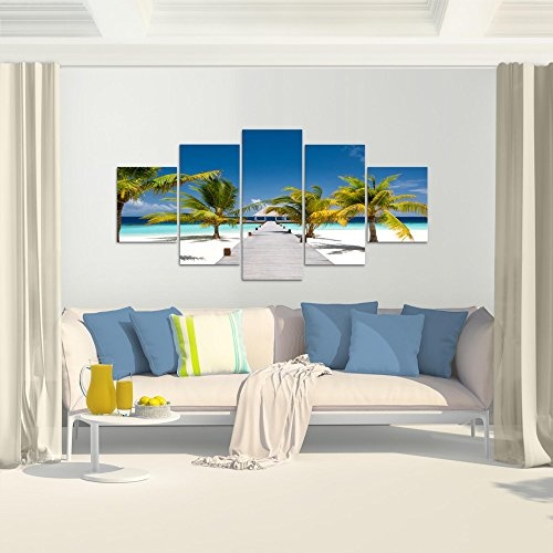 Bilder Strand Palmen Wandbild 200 x 100 cm Vlies - Leinwand Bild XXL Format Wandbilder Wohnzimmer Wohnung Deko Kunstdrucke Blau 5 Teilig - MADE IN GERMANY - Fertig zum Aufhängen 604951a
