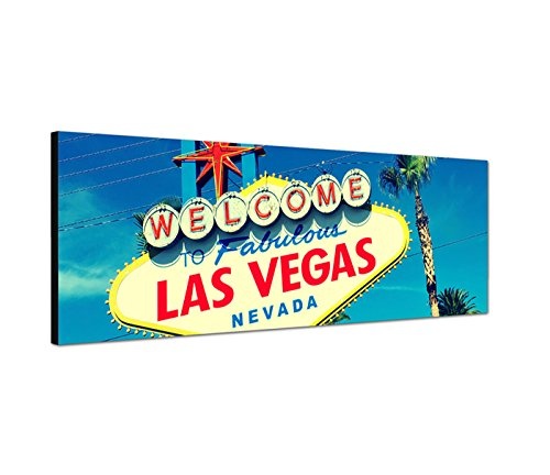 Leinwandbild als Panorama in 150x50cm Las Vegas Schild Reklame Himmel Palmen