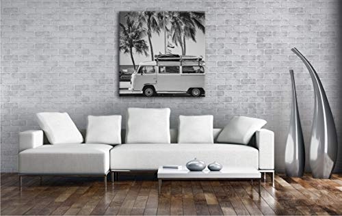 deyoli Camper am Strand mit Palmen im Format: 40x40 Effekt: Schwarz&Weiß als Leinwandbild, Motiv auf Echtholzrahmen, Hochwertiger Digitaldruck mit Rahmen, Kein Poster oder Plakat