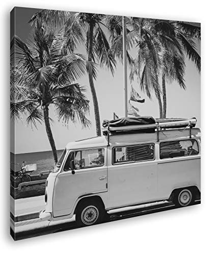 deyoli Camper am Strand mit Palmen im Format: 40x40 Effekt: Schwarz&Weiß als Leinwandbild, Motiv auf Echtholzrahmen, Hochwertiger Digitaldruck mit Rahmen, Kein Poster oder Plakat