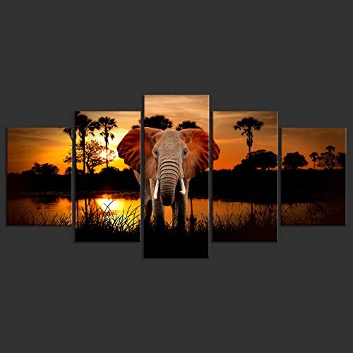 decomonkey Bilder Afrika Elefant 200x100 cm 5 TLG. Leinwandbilder Bild auf Leinwand Vlies Wandbild Kunstdruck Wanddeko Wand Wohnzimmer Wanddekoration Deko Tiere Landschaft Natur