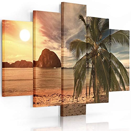 Feeby Frames, Leinwandbild Bilder Wand Bild - 5 Teile - Wandbilder Kunstdruck (Palme, Sonnenuntergang, GELB) 150x100 cm, Typ A