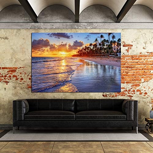 LoveSticker AD168 Leinwandbild, gerahmt, Sonnenuntergang, Strand, Palmen, Sand, 16x24inch (40x60cm)