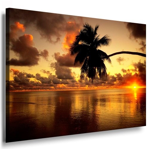 Bild auf Leinwand Strand Palme Sonnenuntergang Bild 100x70cm / Leinwandbild fertig auf Keilrahmen / Leinwandbilder, Wandbilder, Poster, Pop Art Gemälde, Kunst - Deko Bilder