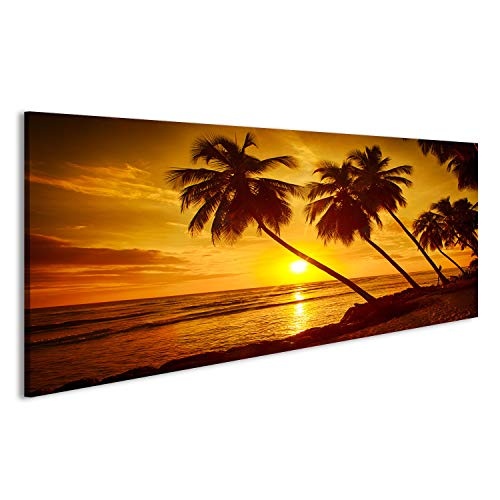 Bild Bilder auf Leinwand Schöner Sonnenuntergang über dem Meer mit Blick auf Palmen am weißen Strand auf Einer Karibikinsel von Barbados Wandbild, Poster, Leinwandbild KKL