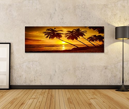 Bild Bilder auf Leinwand Schöner Sonnenuntergang über dem Meer mit Blick auf Palmen am weißen Strand auf Einer Karibikinsel von Barbados Wandbild, Poster, Leinwandbild KKL
