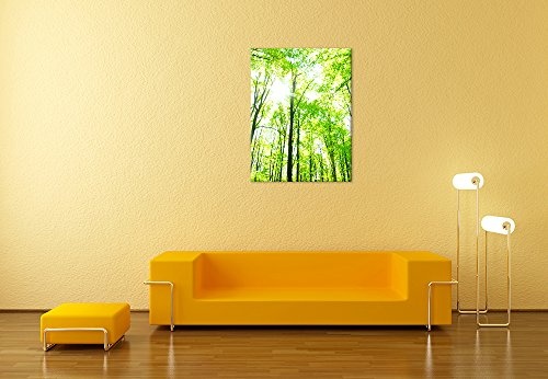 Keilrahmenbild - Grüner Wald - Bild auf Leinwand - 90x120 cm einteilig - Leinwandbilder - Landschaften - Baumkronen im Sonnenschein