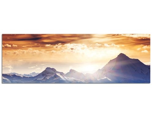 Keilrahmenbild Wandbild 150x50cm Winterlandschaft Berge Wald Schnee Sonne