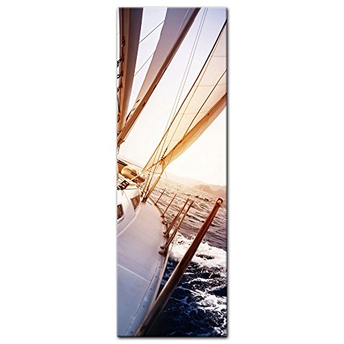 Keilrahmenbild - Yacht auf See - Bild auf Leinwand - 50x160 cm einteilig - Leinwandbilder - Urlaub, Sonne & Meer - Boot im Sonnenaufgang - Blick vom Deck