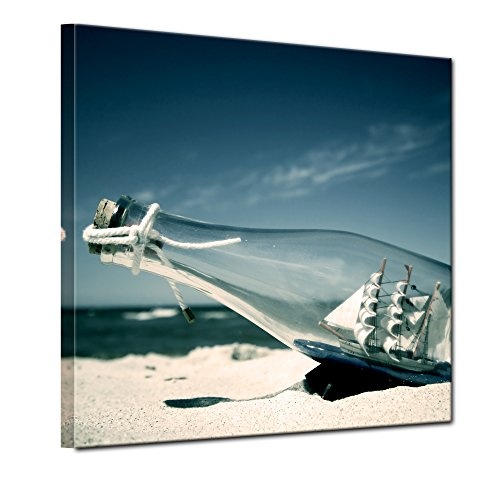 Keilrahmenbild - Buddelschiff - Schiff in der Flasche - Bild auf Leinwand - 80x80 cm einteilig - Leinwandbilder - Urlaub, Sonne & Meer - Strand - Modell