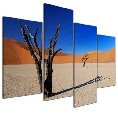 Wandbild - Tote Bäume im Deadvlei - Namibia - Bild auf Leinwand - 120x80 cm 4 teilig - Leinwandbilder - Bilder als Leinwanddruck - Landschaften - Natur - Sonne - Afrika - Namib Naukluft Nationalpark