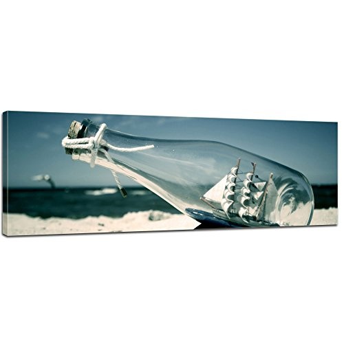 Keilrahmenbild - Buddelschiff - Schiff in der Flasche - Bild auf Leinwand - 120x40 cm einteilig - Leinwandbilder - Urlaub, Sonne & Meer - Strand - Modell