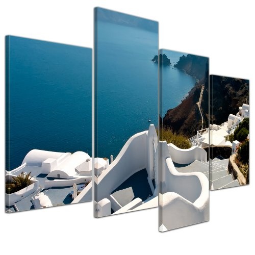 Wandbild - Santorini Treppe - Griechenland - Bild auf Leinwand - 120x80 cm 4 teilig - Leinwandbilder - Bilder als Leinwanddruck - Urlaub, Sonne & Meer - Europa - Mittelmeer