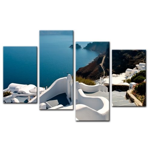 Wandbild - Santorini Treppe - Griechenland - Bild auf Leinwand - 120x80 cm 4 teilig - Leinwandbilder - Bilder als Leinwanddruck - Urlaub, Sonne & Meer - Europa - Mittelmeer