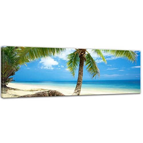 Keilrahmenbild - Strand im Paradies - Bild auf Leinwand - 120 x 40 cm - Leinwandbilder - Bilder als Leinwanddruck - Urlaub, Sonne & Meer - Südsee - Panorama - Palme am Strand