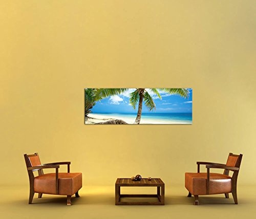 Keilrahmenbild - Strand im Paradies - Bild auf Leinwand - 120 x 40 cm - Leinwandbilder - Bilder als Leinwanddruck - Urlaub, Sonne & Meer - Südsee - Panorama - Palme am Strand