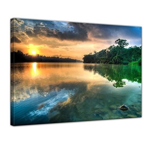 Keilrahmenbild - Morgenreflektion - Bild auf Leinwand - 120x90 cm 1 teilig - Leinwandbilder - Bilder als Leinwanddruck - Landschaften - Sonne über Einem Fluss