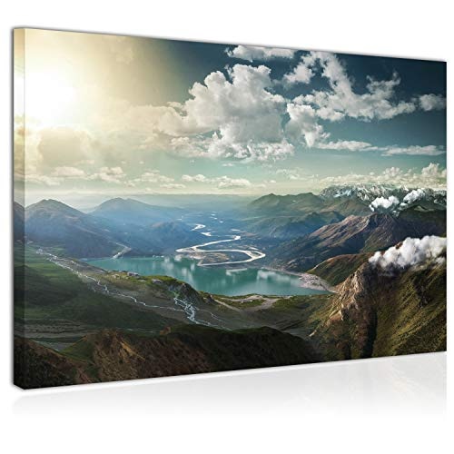 Topquadro Wandbild, Leinwandbild 70x50cm, Landschaft, Berge Wolken und Sonne - Keilrahmenbild, Bild auf Leinwand - Einteilig, Fertig zum Aufhängen