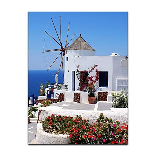 Keilrahmenbild - Griechische Mühle - Bild auf Leinwand - 90 x 120 cm - Leinwandbilder - Bilder als Leinwanddruck - Urlaub, Sonne & Meer - Mittelmeer - Griechenland - Mühle in Santorini