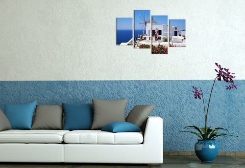 Wandbild - Griechische Mühle - Bild auf Leinwand - 120x80 cm 4 teilig - Leinwandbilder - Bilder als Leinwanddruck - Urlaub, Sonne & Meer - Mittelmeer - Griechenland - Mühle in Santorini