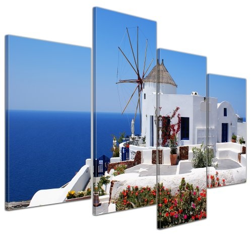 Wandbild - Griechische Mühle - Bild auf Leinwand - 120x80 cm 4 teilig - Leinwandbilder - Bilder als Leinwanddruck - Urlaub, Sonne & Meer - Mittelmeer - Griechenland - Mühle in Santorini