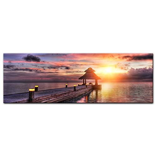 Keilrahmenbild - Sunset Over Maledives - Sonnenuntergang über den Malediven - Bild auf Leinwand - 120x40 cm - Leinwandbilder - Urlaub, Sonne & Meer - Landschaften - Paradies - Wasserpavillon